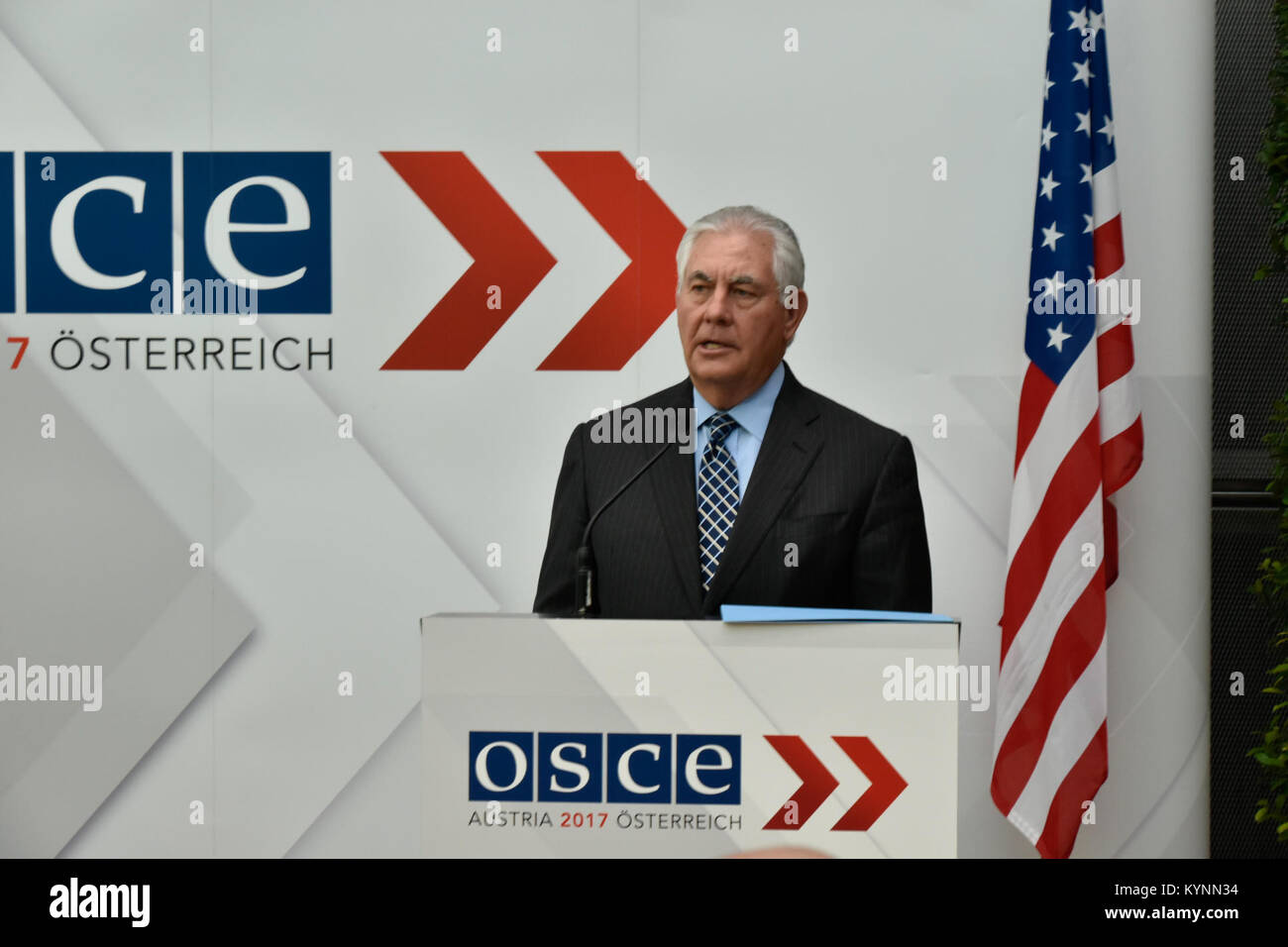 U.S. Secretary of State Rex Tillerson addresses the media at the 2017 Organization for Security and Co-operation in Europe  (OSCE )Ministerial Council in Vienna, Austria on December 7, 2017. Stock Photo
