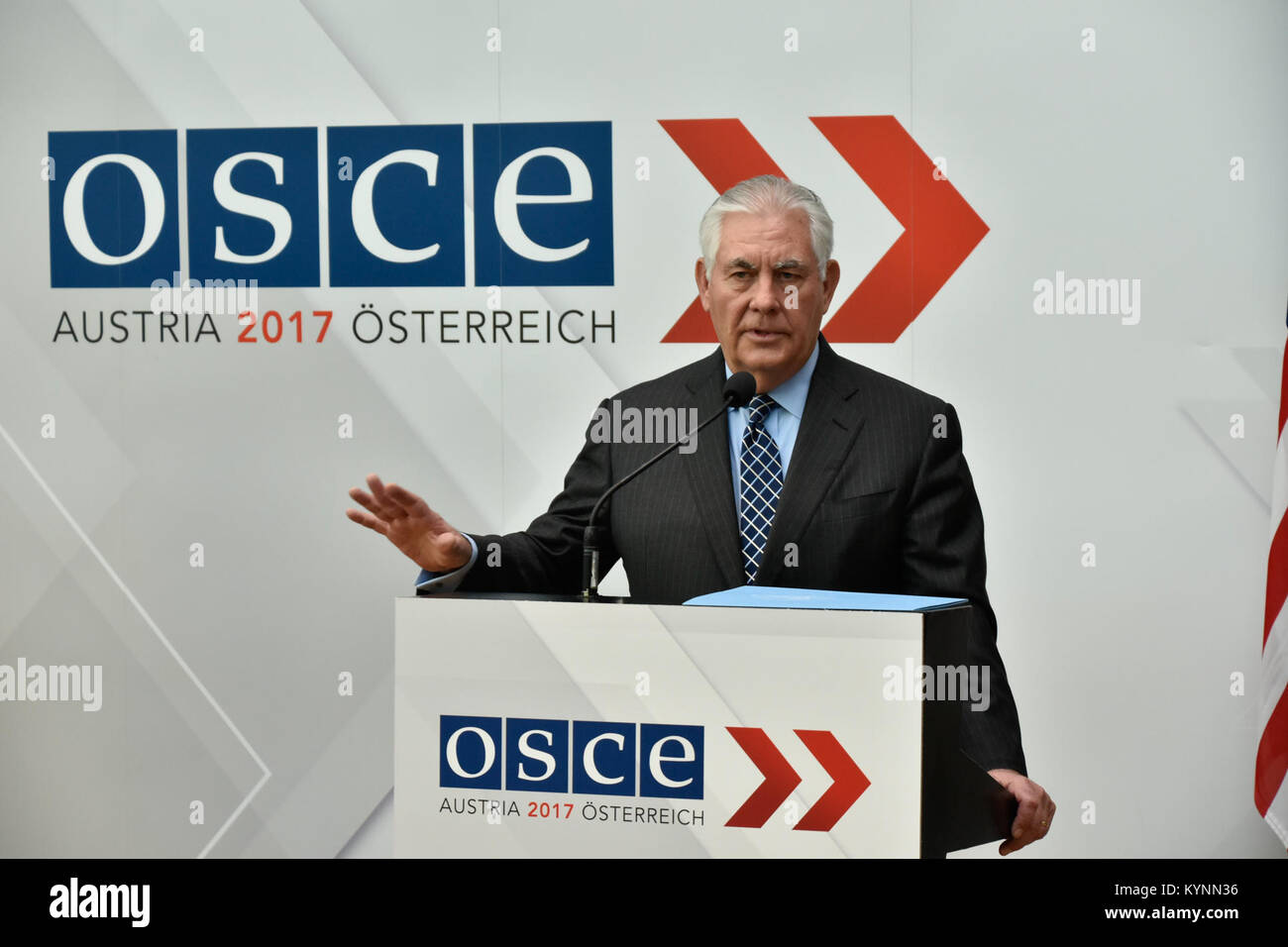 U.S. Secretary of State Rex Tillerson addresses the media at the 2017 Organization for Security and Co-operation in Europe  (OSCE) Ministerial Council in Vienna, Austria onDecember 7, 2017. Stock Photo