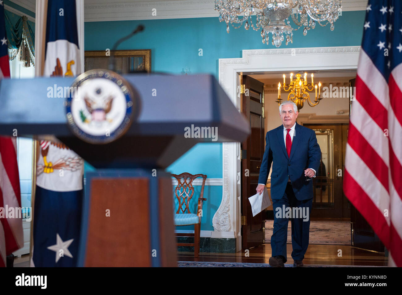 U.S. Secretary of State Rex Tillerson approaches the podium in the Treaty Room to address the media at the U.S. Department of State in Washington, D.C. on October 4, 2017. Stock Photo