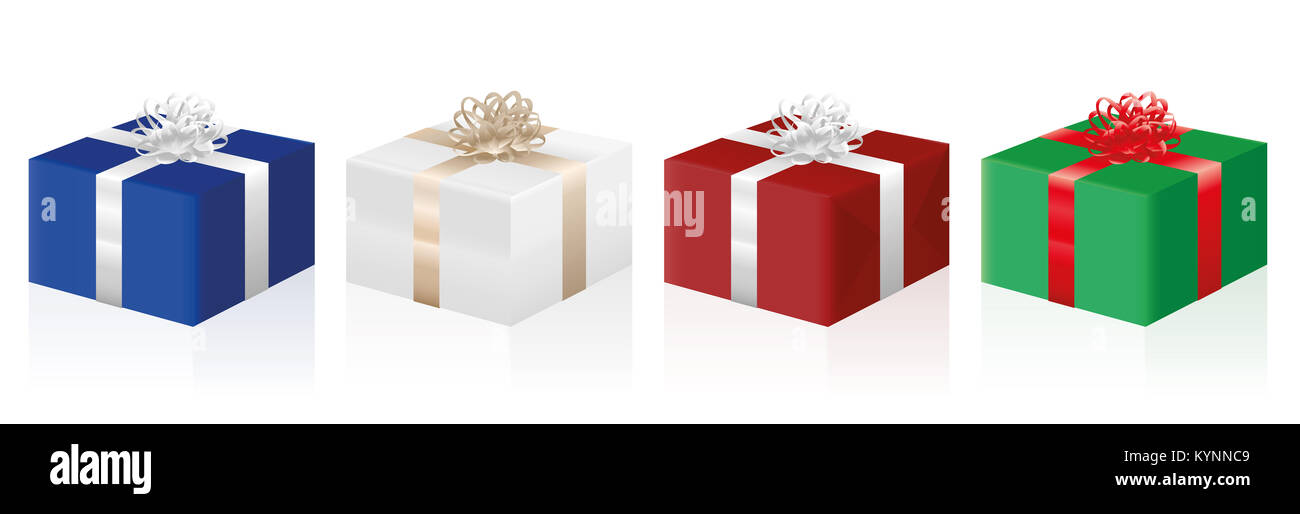 Gift packages - four presents in different colors - illustration on white background. Stock Photo