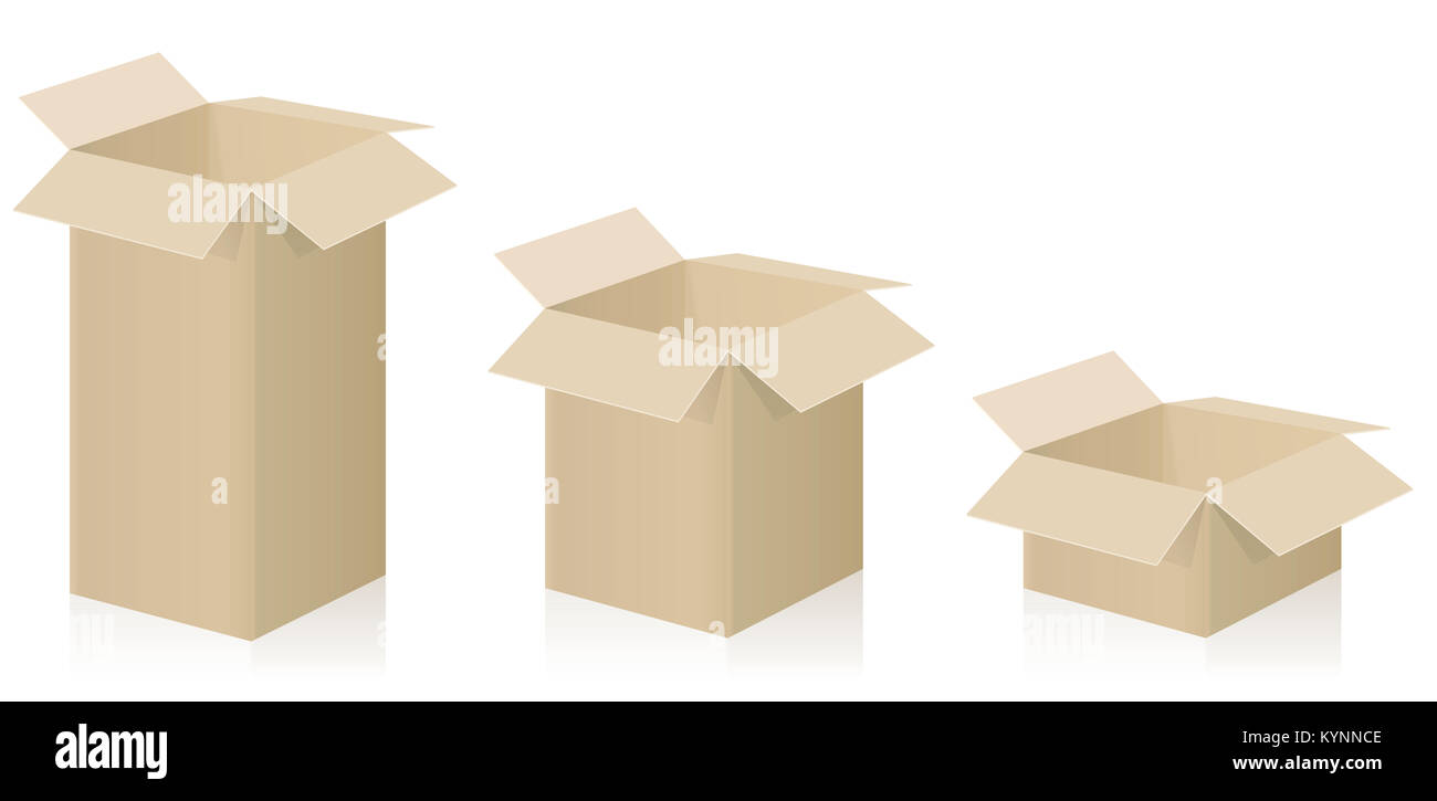 Despatch boxes - three different packing cases with open lid - illustration on white background. Stock Photo