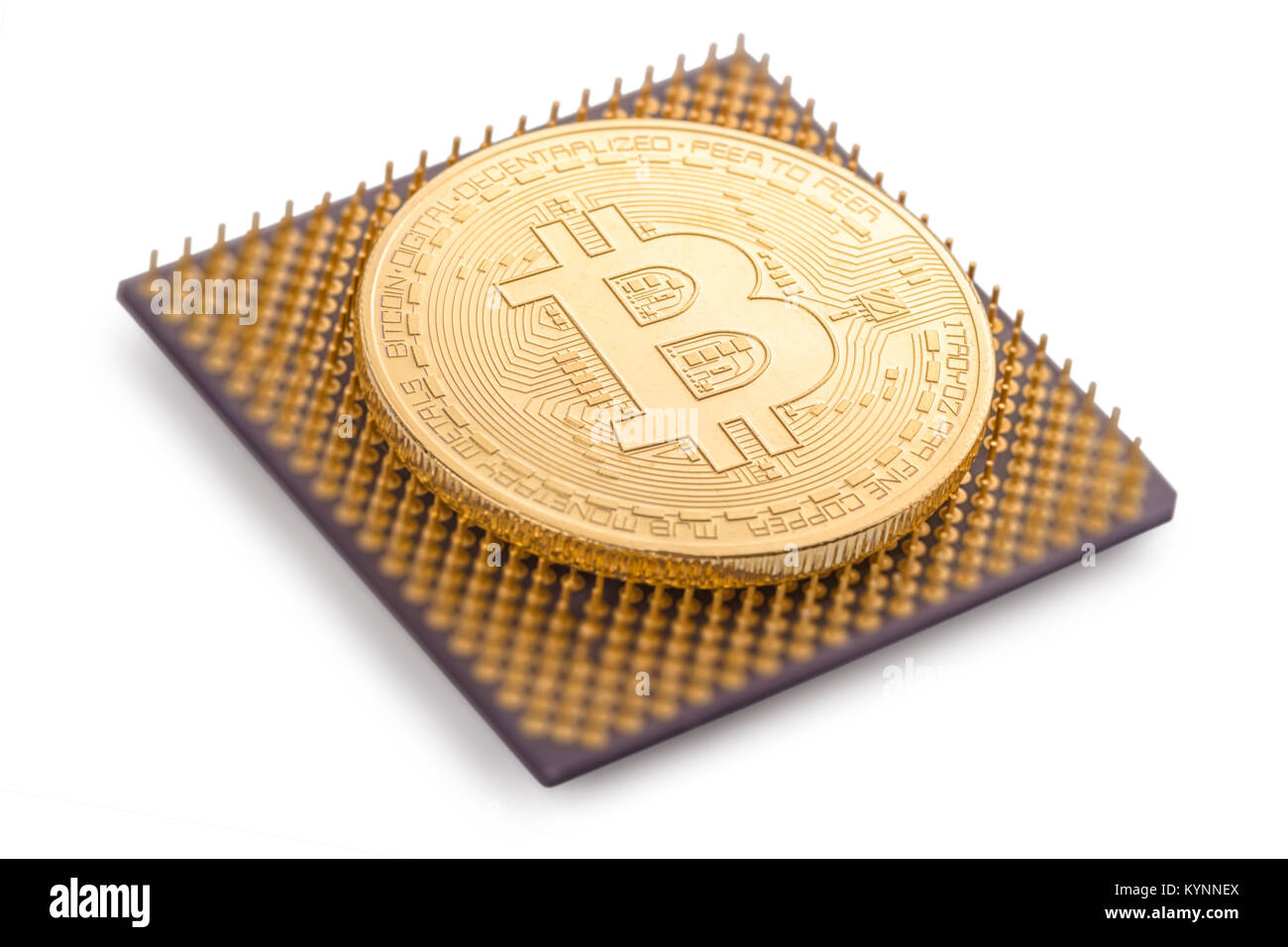 virtual coin bitcoin lie on microchip isolated on white background ...