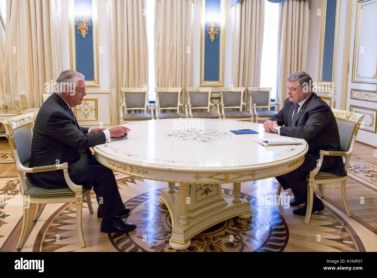 U.S. Secretary of State Rex Tillerson chats with President Petro Poroshenko before their bilateral meeting in Kyiv, Ukraine, on July 9, 2017. Secretary Tillerson Meets With President Poroshenko 35689050181 o Stock Photo