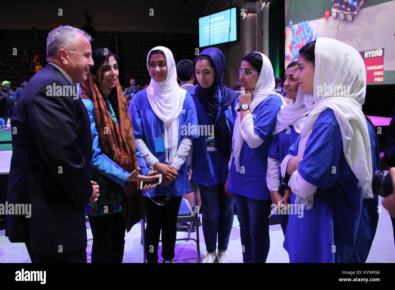 U.S. Deputy Secretary of State John Sullivan met with an Afghan robotics team at the FIRST Global Challenge Robotics Competition in Washington, D.C., on July 18, 2017, promoting educational diplomacy and technological collaboration. Stock Photo