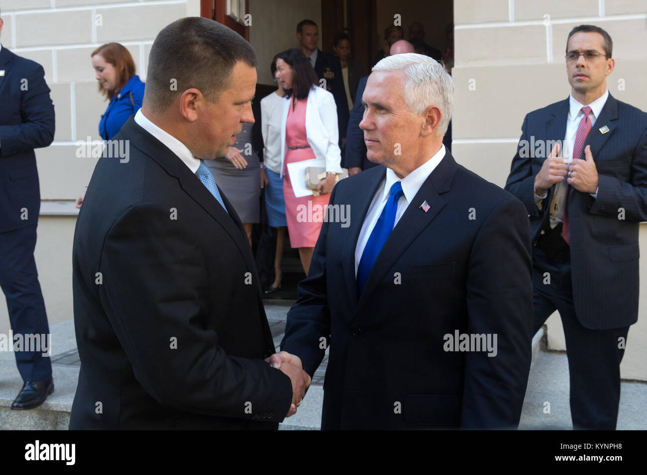 Vice President Mike Pence and Estonian Prime Minister Jüri Ratas | July 30, 2017 (Official White House Photo by D. Myles Cullen) Vice President Pence's Trip to Europe 36120919822 o Stock Photo