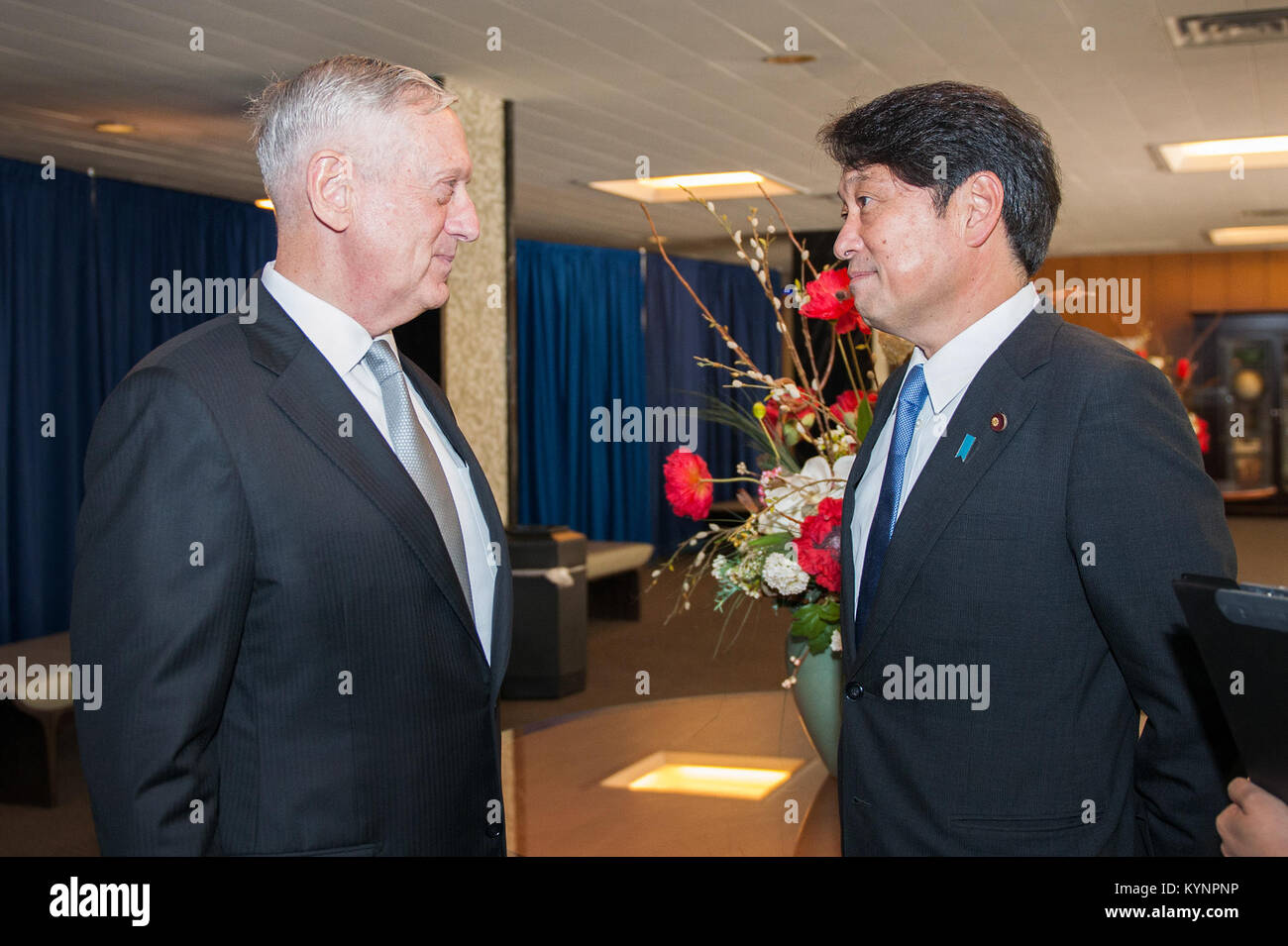 U.S. Secretary of Defense Jim Mattis speaks with Japanese Defense Minister Itsunori Onodera before the start of the U.S.-Japan Security Consultative Committee (“2+2”), at the U.S. Department of State in Washington, D.C., on August 17, 2017. [State Department Photo/ ] Defense Secretary Mattis Speaks With Japanese Defense Minister Onodera 35795771584 o Stock Photo