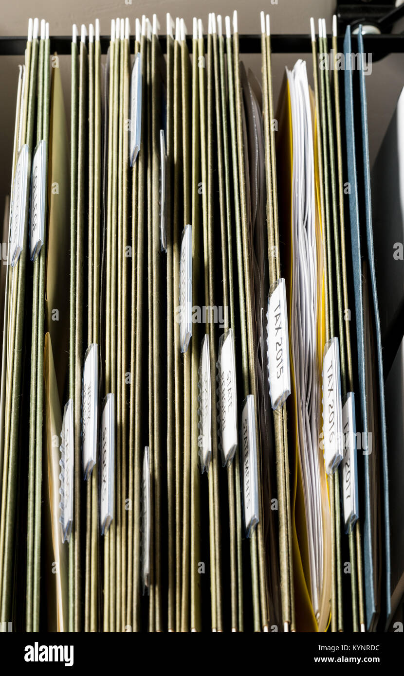 Home filing system for official documents organized in folders Stock Photo