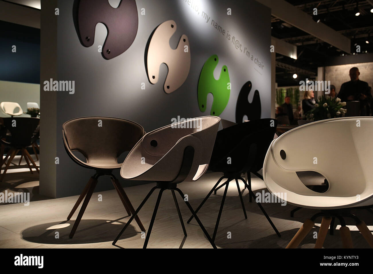 Chairs with flexible seating units are exhibited at the stand of Tonon ...