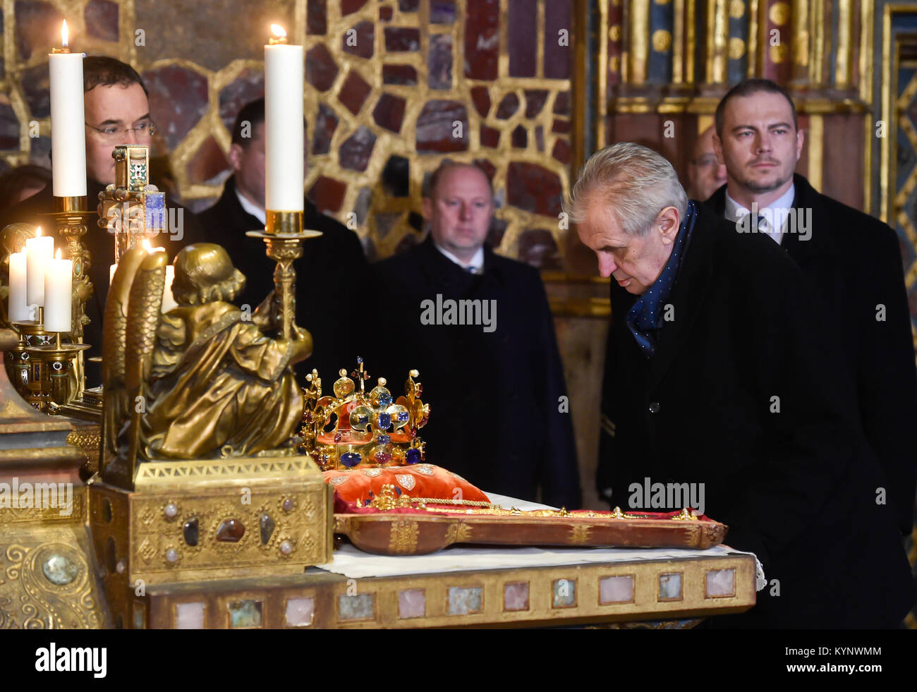 Prague Castle, Czech Republic. 15th Jan, 2018. Czech President Milos Zeman (2nd from right) and other six key holders unlocked chamber with crown jewels in St. Vitus Cathedral at Prague Castle, Czech Republic, on Monday, January 15, 2018. They will be displayed there as of Tuesday. Credit: Vit Simanek/CTK Photo/Alamy Live News Stock Photo