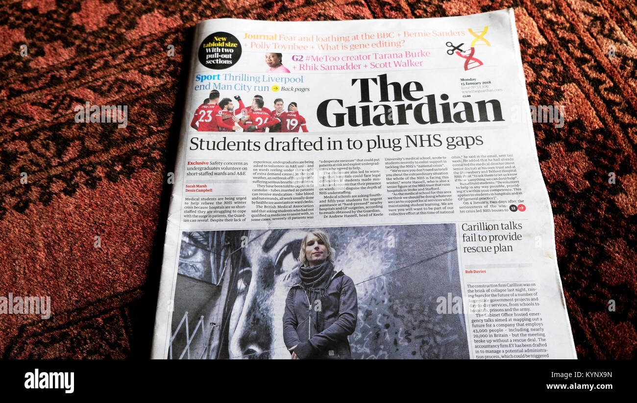 London, England UK, Monday 15 January 2018 UK Media. The Guardian newspaper today launches a smaller, simplified tabloid format of it's printed newspaper with a new logo and font entitled 'Guardian headline' along with a redesigned website for mobile, app and desktop readers. Credit: Kathy deWitt/Alamy Live News Stock Photo
