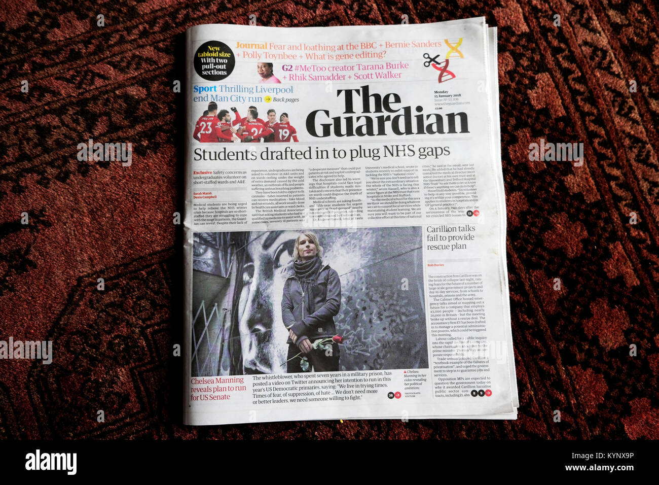 London, England UK, Monday 15 January 2018 UK Media. The Guardian newspaper today launches a smaller, simplified tabloid format of it's printed newspaper with a new logo and font entitled 'Guardian headline'. Also unveiled with the new print edition is a redesigned website for mobile, app and desktop readers. Credit: Kathy deWitt/Alamy Live News Stock Photo