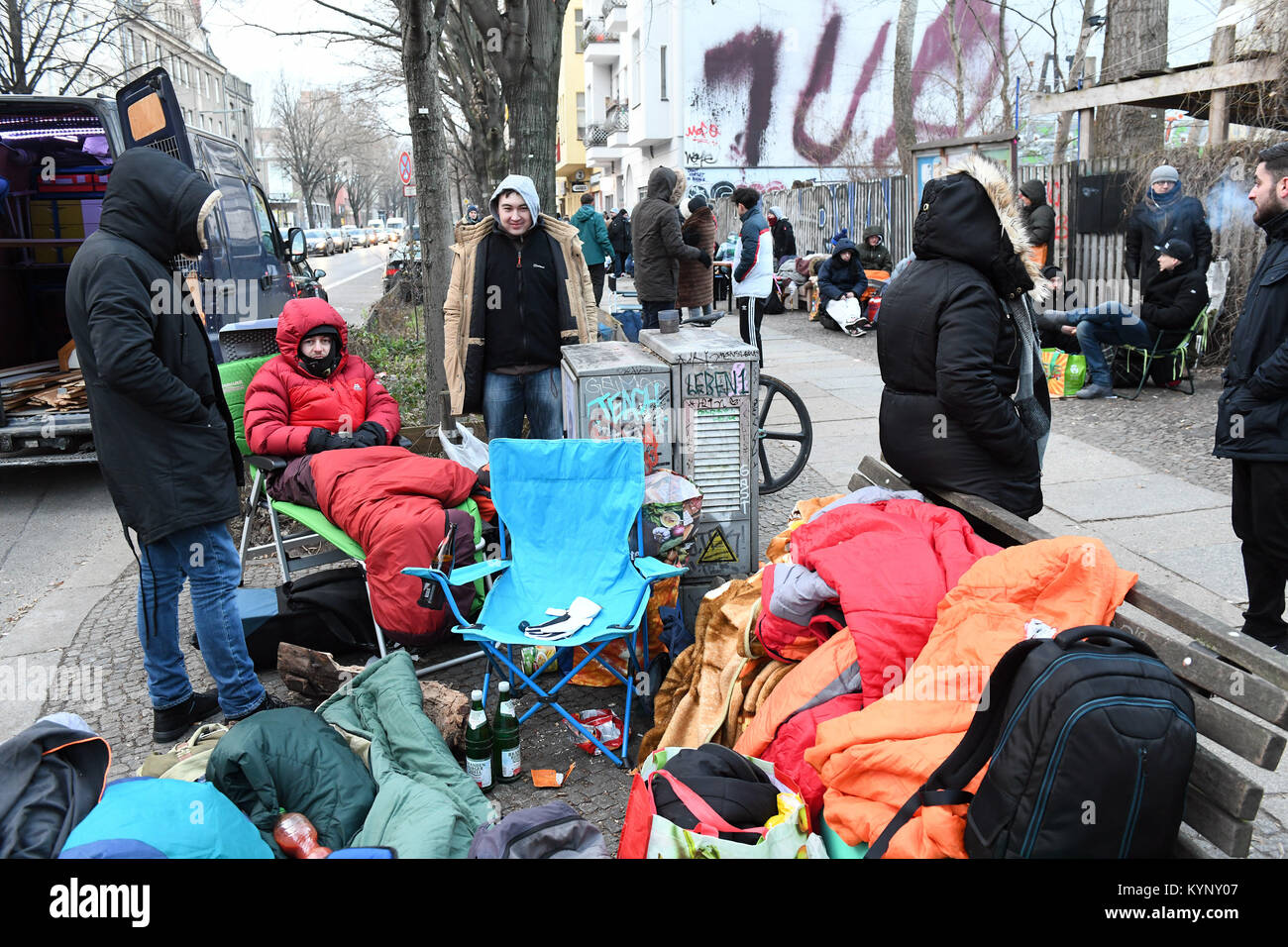 Several hundred people camp in front of a shoe store which is to sell the Adidas  sneaker with integrated BVG (Berlin Transport Company) annual ticket in  Berlin, Germany, 15 January 2018. The