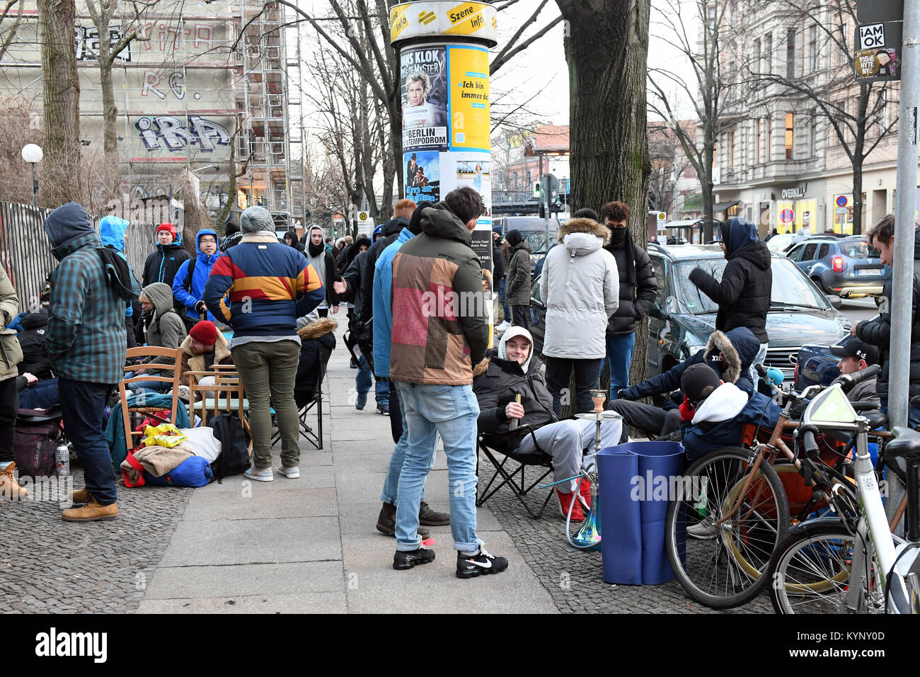 Several hundred people camp in front of a shoe store which is to sell the Adidas  sneaker with integrated BVG (Berlin Transport Company) annual ticket in  Berlin, Germany, 15 January 2018. The