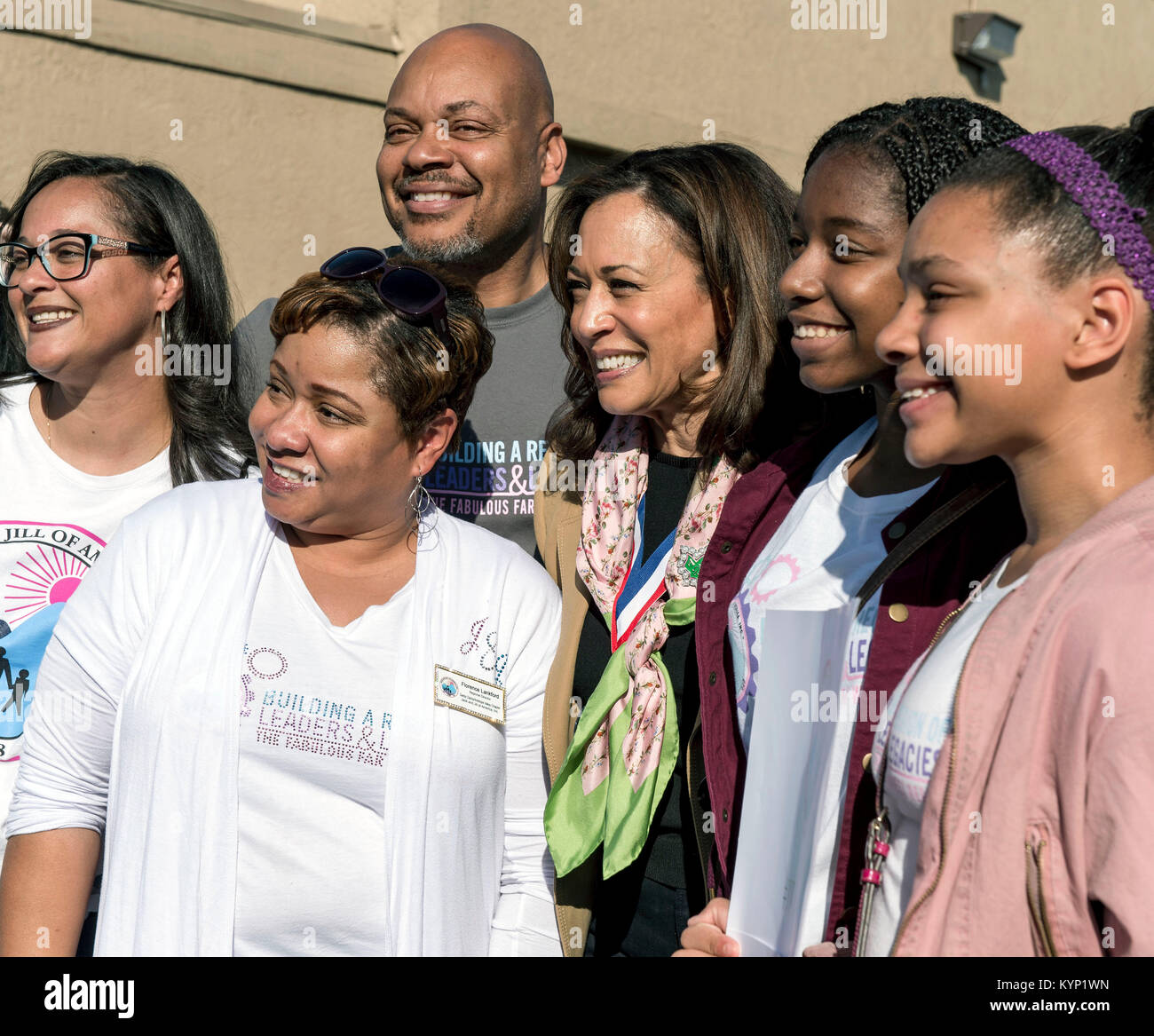 Los Angeles, California, USA. 15th Jan, 2018. U.S. Senator KAMALA HARRIS (D - CA), the Grand Marshal of the Los Angeles Kingdom Day Parade, greets friends and constituents before walking the 2.5 mile parade route. Credit: Brian Cahn/ZUMA Wire/Alamy Live News Stock Photo