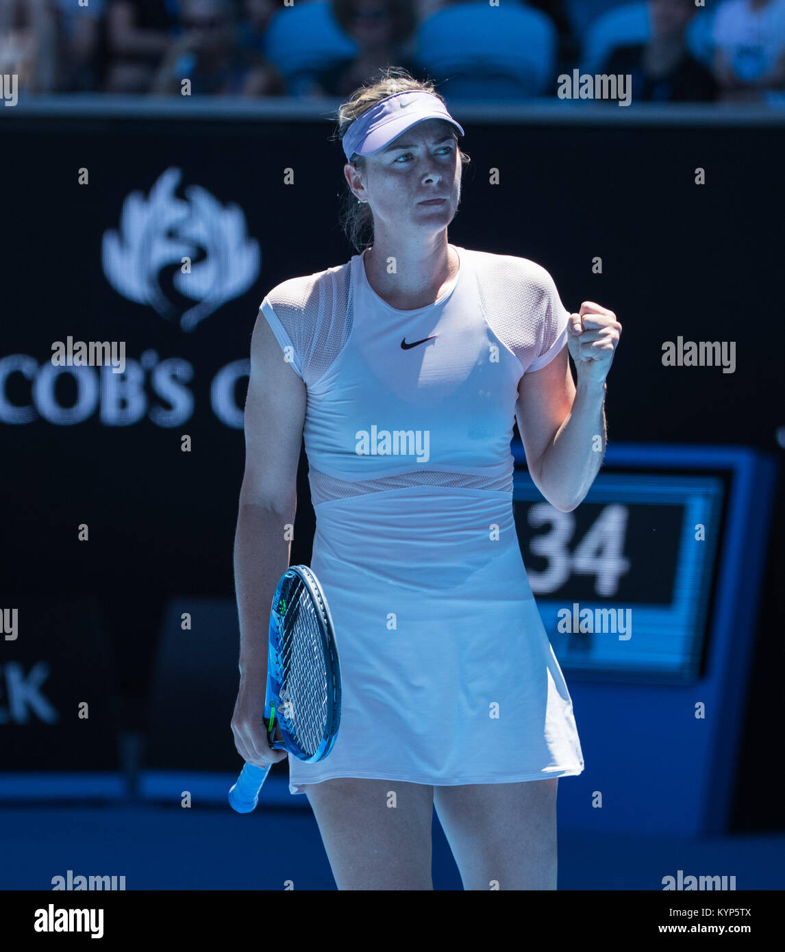 Melbourne, Australia. 16th Jan, 2018. Maria Sharapova of Russia celebrates  scoring during the women's singles first round match against Tatjana Maria  of Germany at Australian Open 2018 in Melbourne, Australia, Jan. 16,