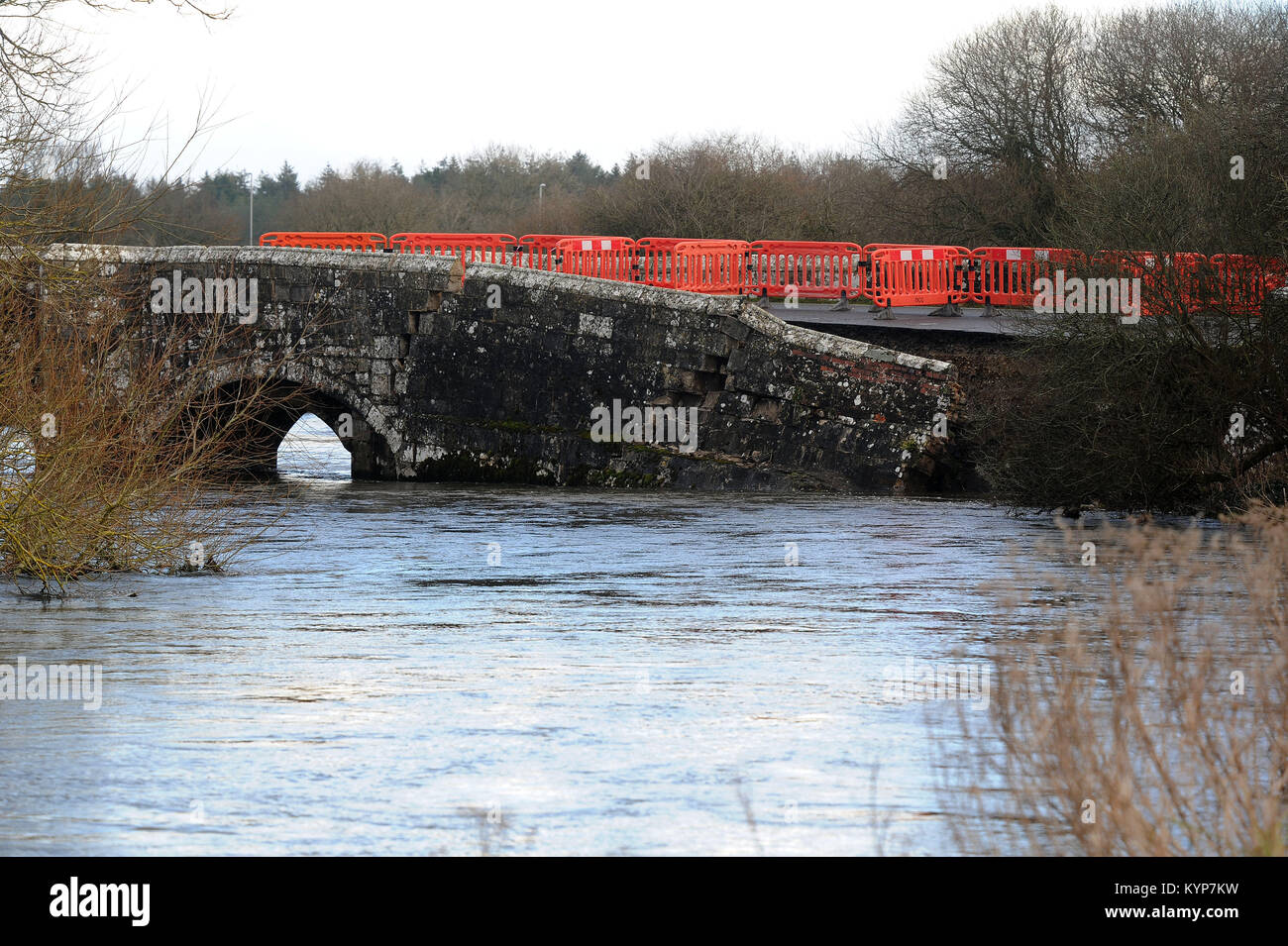 Historic Wool Bridge collapses, Dorset, UK. Wool Bridge, a 16th century