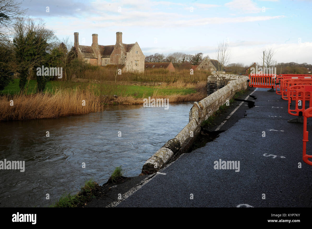 Historic Wool Bridge collapses, Dorset, UK. Wool Bridge, a 16th century