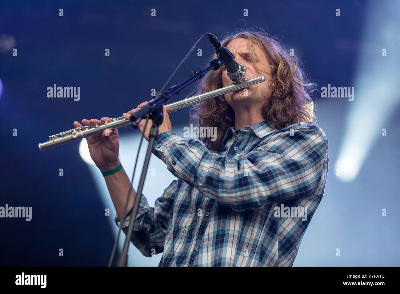 The progressive Swedish rock band Dungen performs a live concert at the  Norwegian music festival Øyafestivalen 2013. Here singer, musician and  songwriter Gustav Ejstes is pictured live on stage. Norway, 08/08 2013