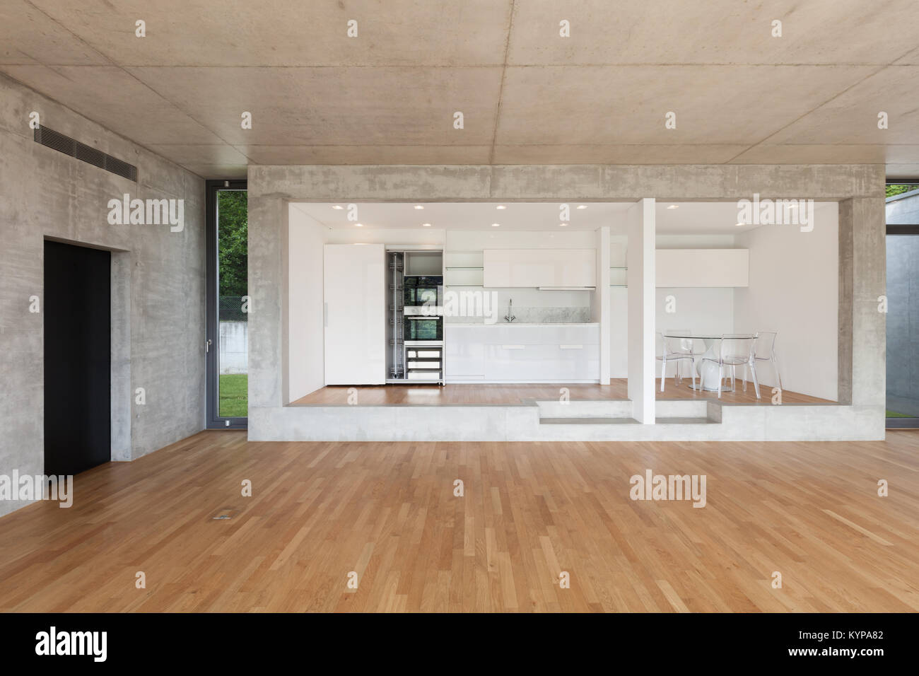 Interior Modern Kitchen Of Concrete Apartment Parquet Floor