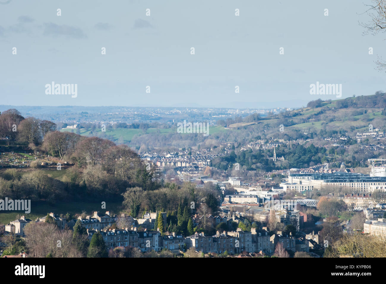 Landscape view of historic Bath from its skyline looking out towards Bristol in the far distance both cities told to have Clean Air Zones Stock Photo