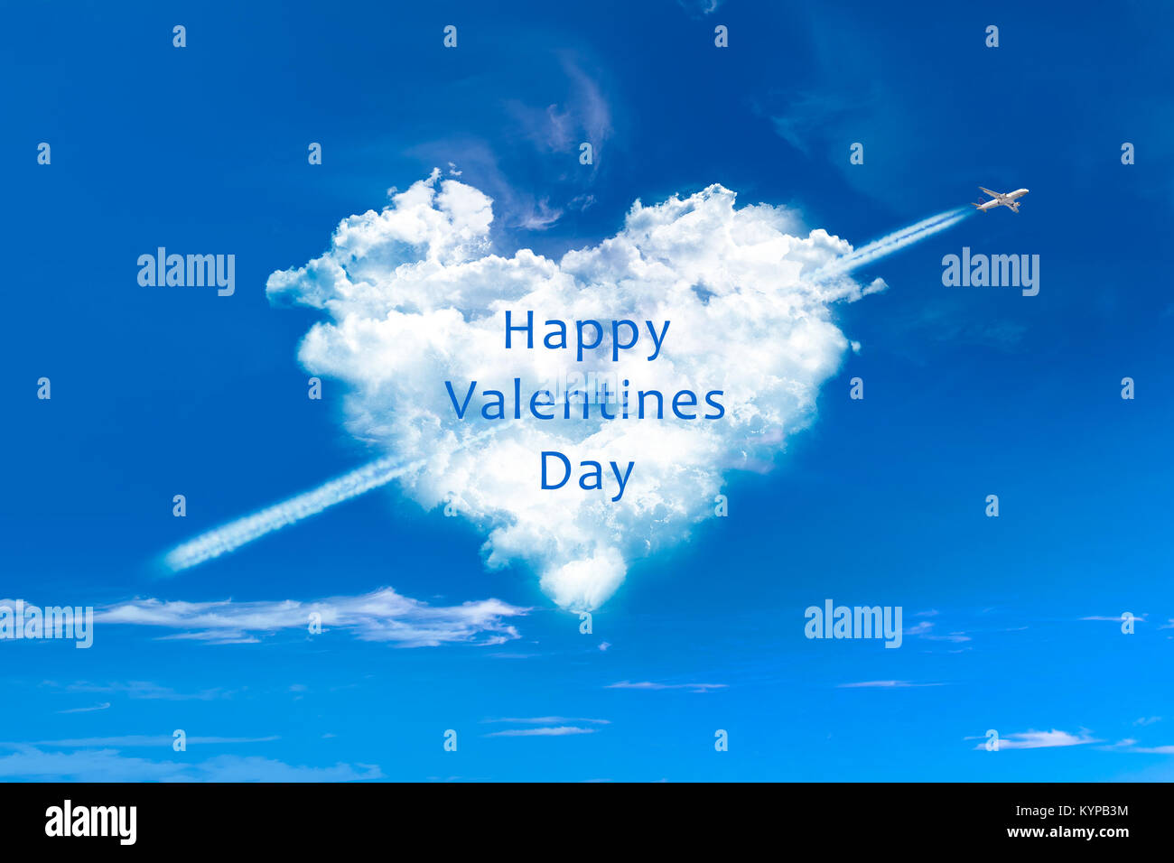 Valentines day card, heart shaped clouds in blue sky with plane Stock ...