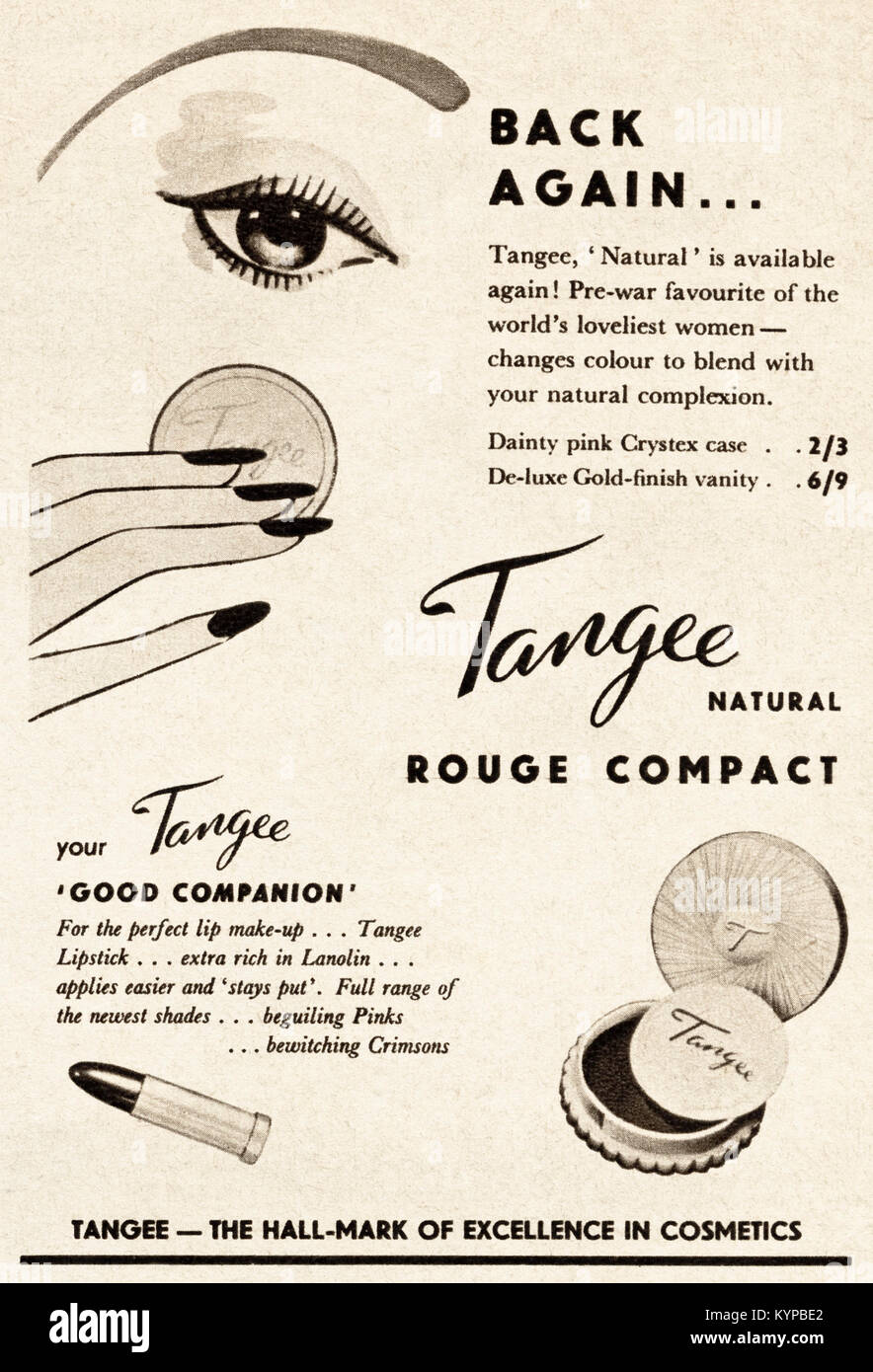 1950s old vintage original advert advertising Tangee cosmetics in magazine circa 1954 Stock Photo