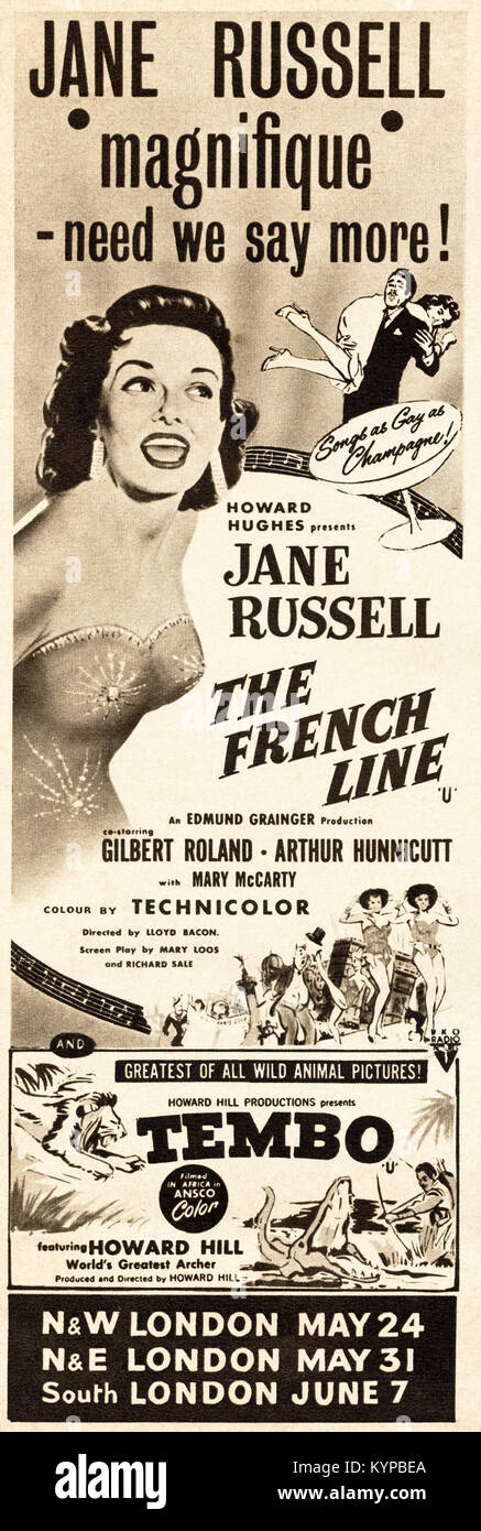1950s old vintage original advert advertising Jane Russell in the film The French Line in magazine circa 1954 Stock Photo