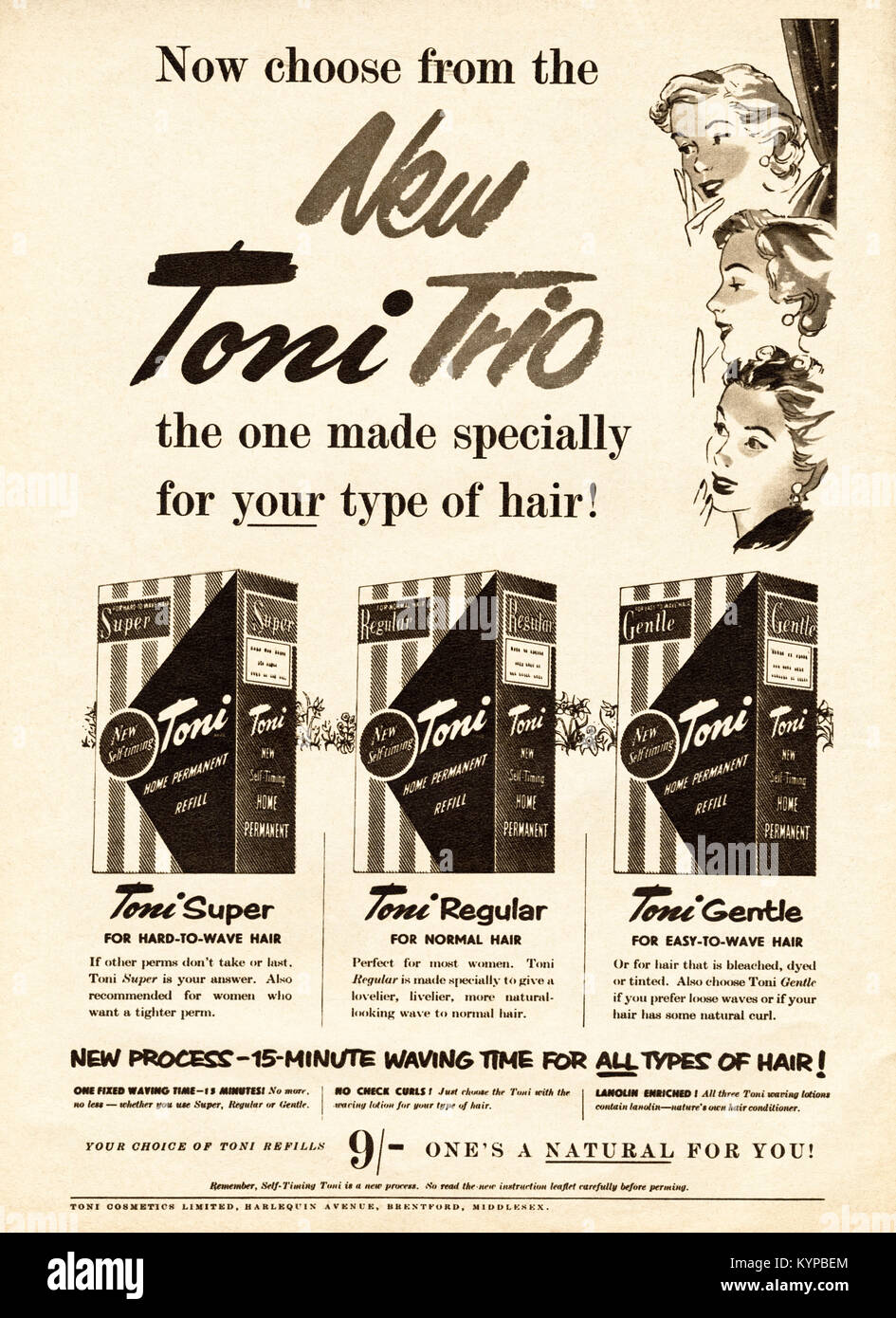 1950s old vintage original advert advertising Toni ladies hair wave product in magazine circa 1954 Stock Photo