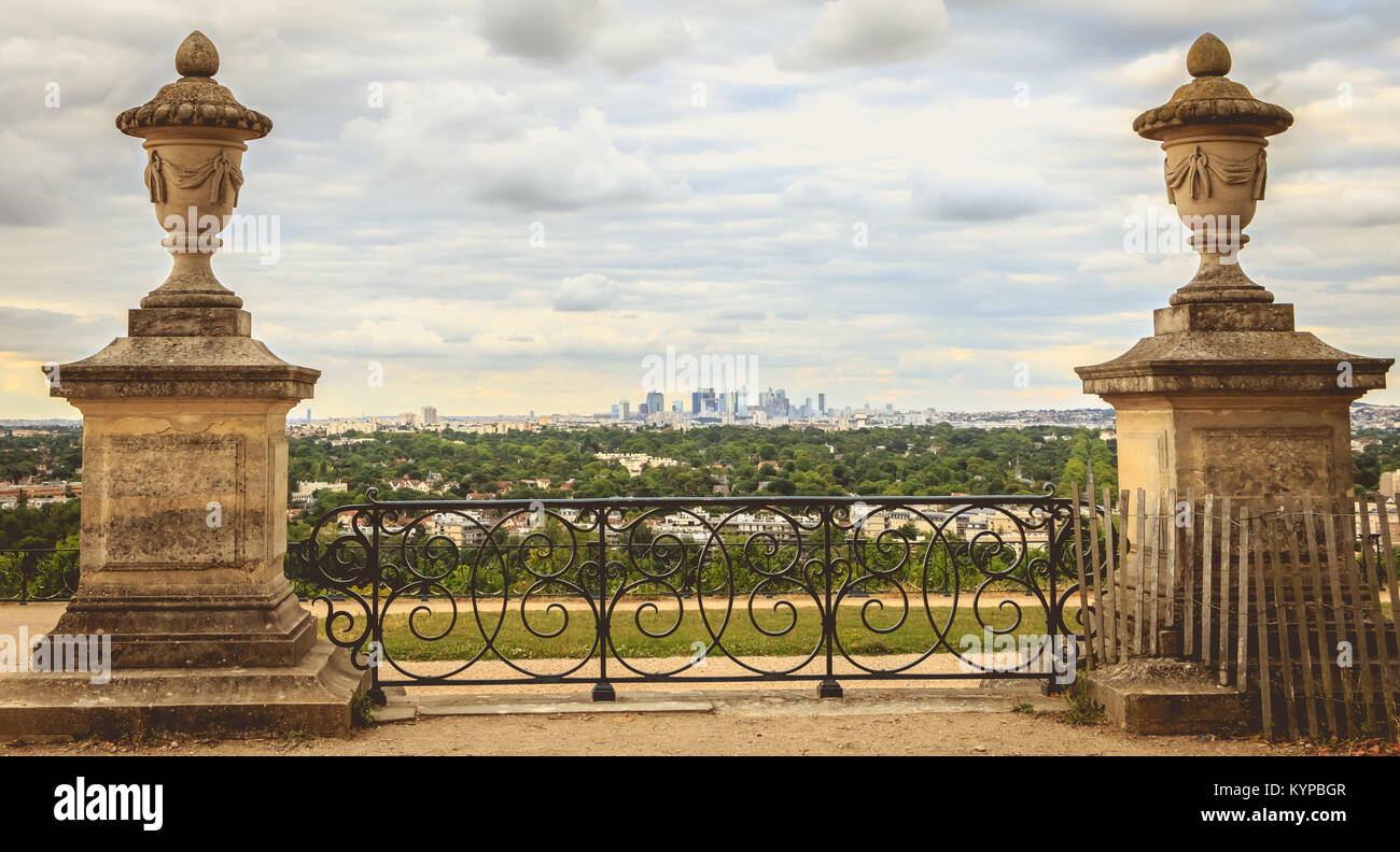 SAINT GERMAIN EN LAYE, FRANCE - July 12, 2017 : from the public garden of the castle of the city, a view on the modern business district of Paris la D Stock Photo