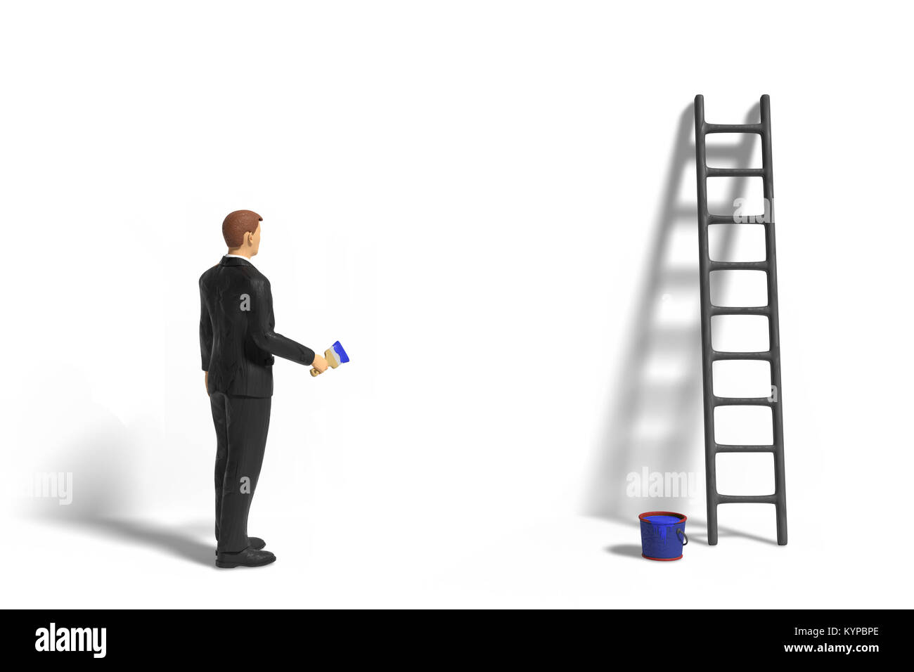 miniature figurine businessman character with ladder and blue paint in front of an empty wall isolated on white background Stock Photo