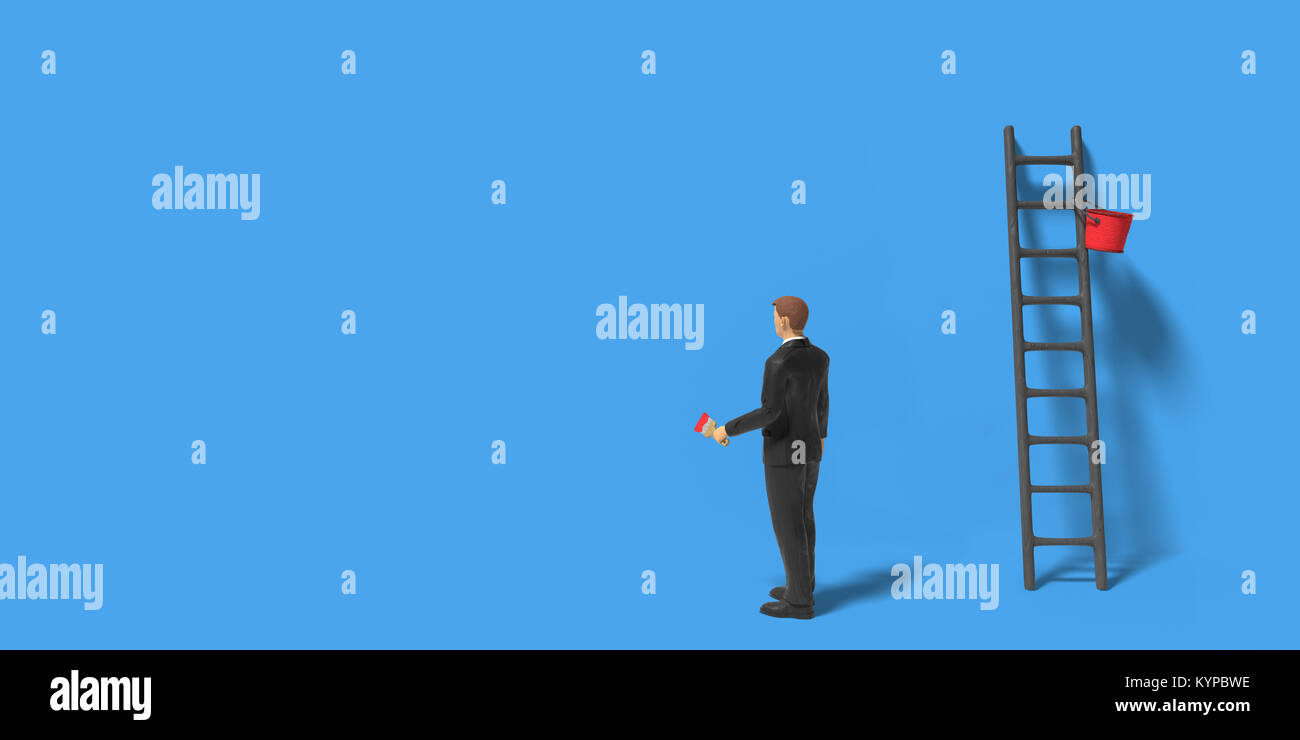 miniature figurine businessman character with ladder and red paint in front of a wall isolated on blue background Stock Photo