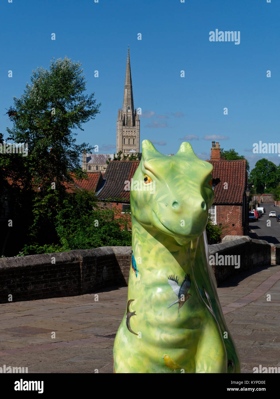 Birdie, one of the 84 Art Sculptures in the of  Go Go Dragons Trail, in Norwich, Norfolk, England, UK (2015) Stock Photo