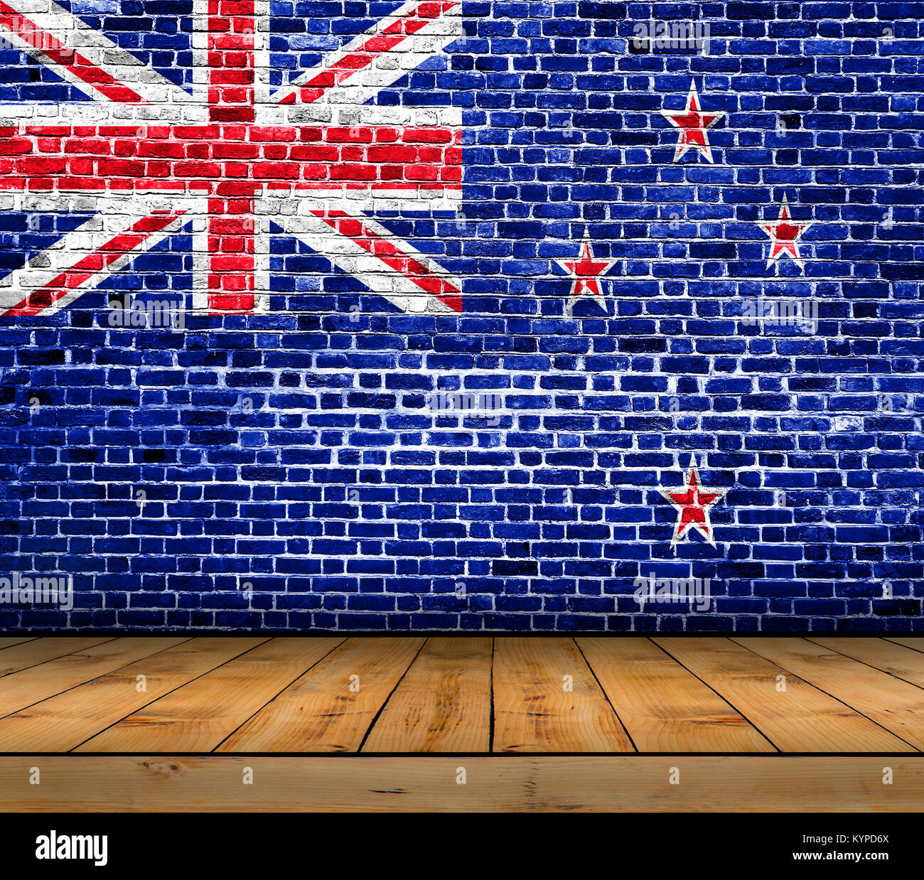 New Zeland flag painted on brick wall with wooden floor Stock Photo