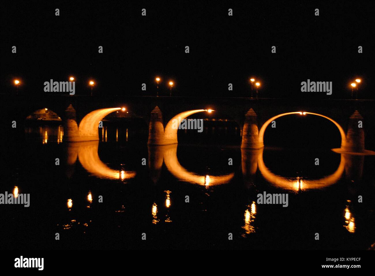 Lyon based pont Cessart shows graphic-like illumination signature at night Stock Photo