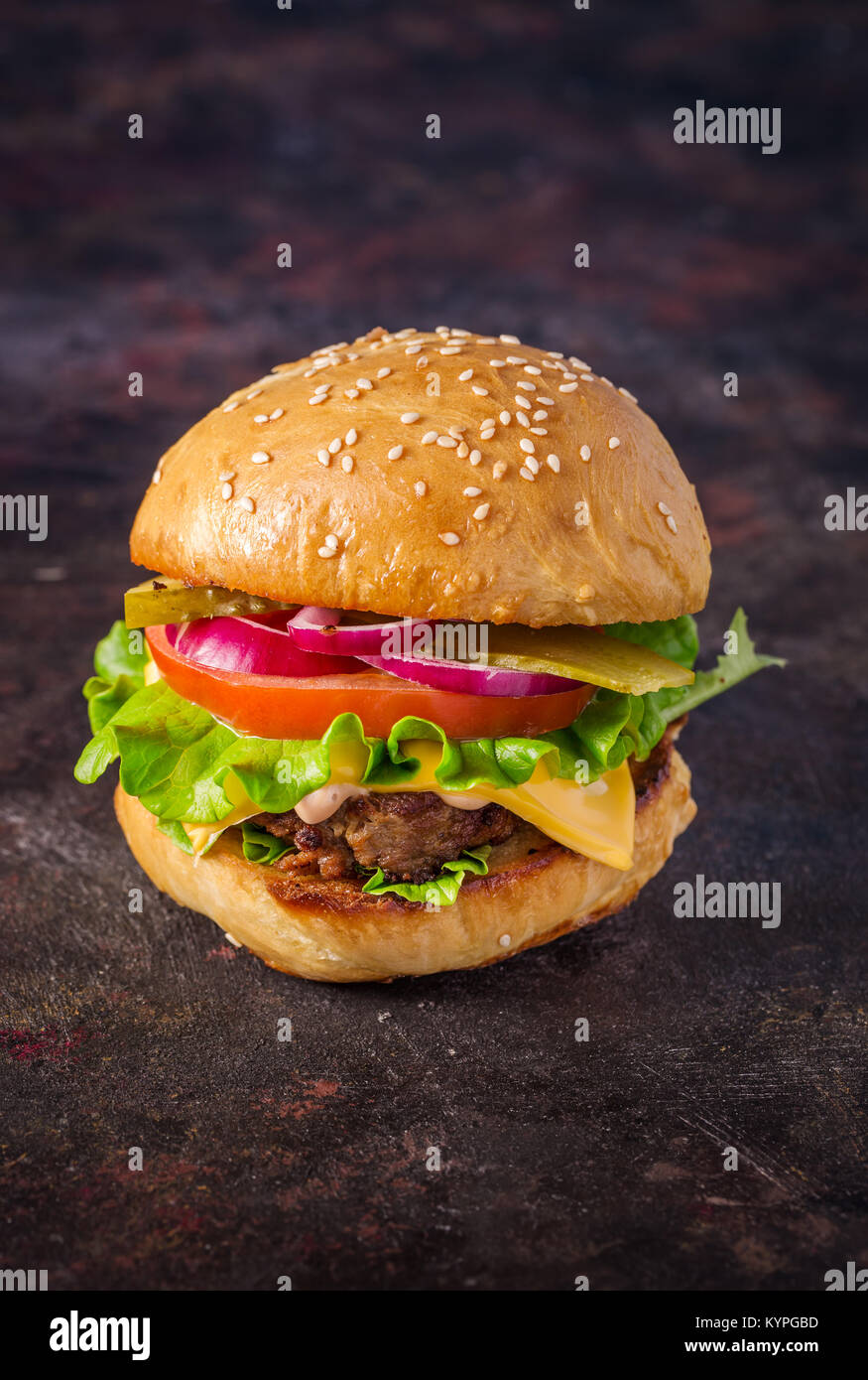 Homemade hamburger on dark Stock Photo