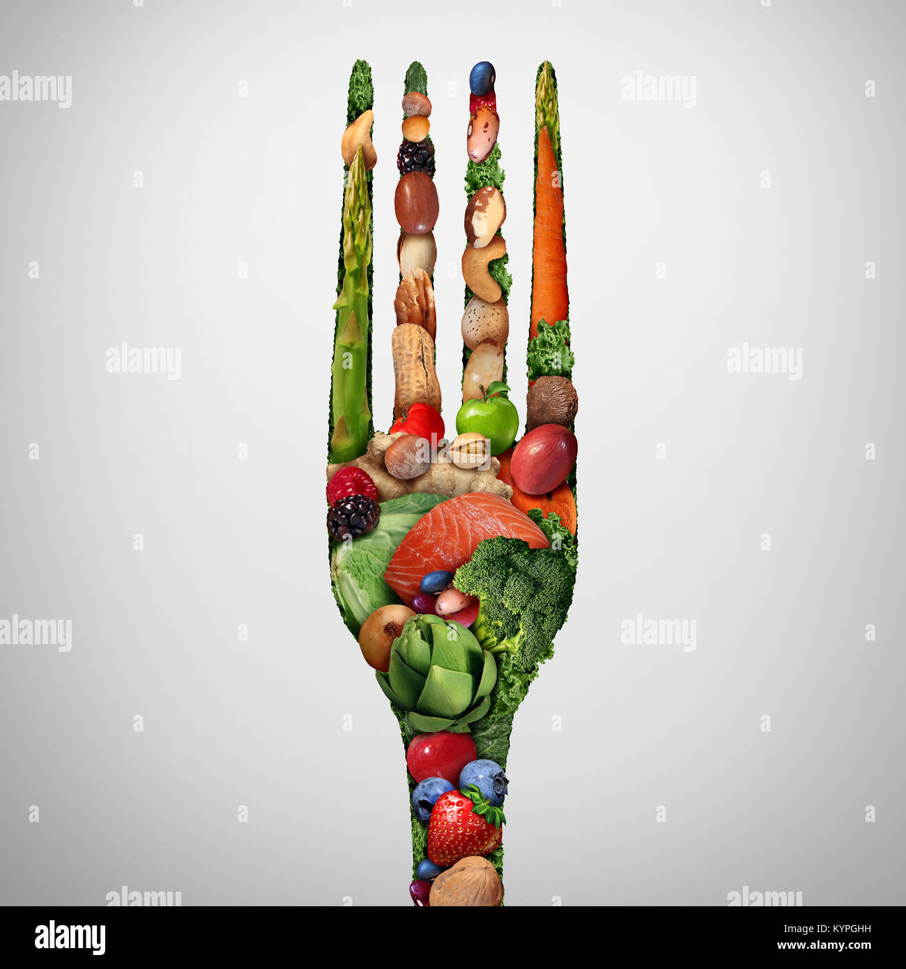 Eat healthy food symbol as nuts beans vegetables fruit fish shaped like a dinner fork as a health nutrition and fresh market produce. Stock Photo
