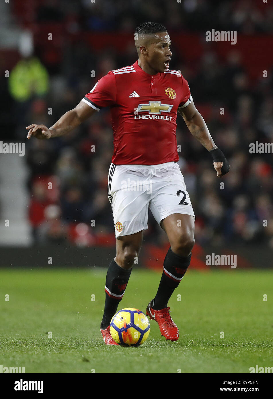 Manchester United's Antonio Valencia during the Premier League match at Old Trafford, Manchester. PRESS ASSOCIATION Photo. Picture date: Monday January 15, 2018. See PA story SOCCER Man Utd. Photo credit should read: Martin Rickett/PA Wire. RESTRICTIONS: EDITORIAL USE ONLY No use with unauthorised audio, video, data, fixture lists, club/league logos or 'live' services. Online in-match use limited to 75 images, no video emulation. No use in betting, games or single club/league/player publications. Stock Photo
