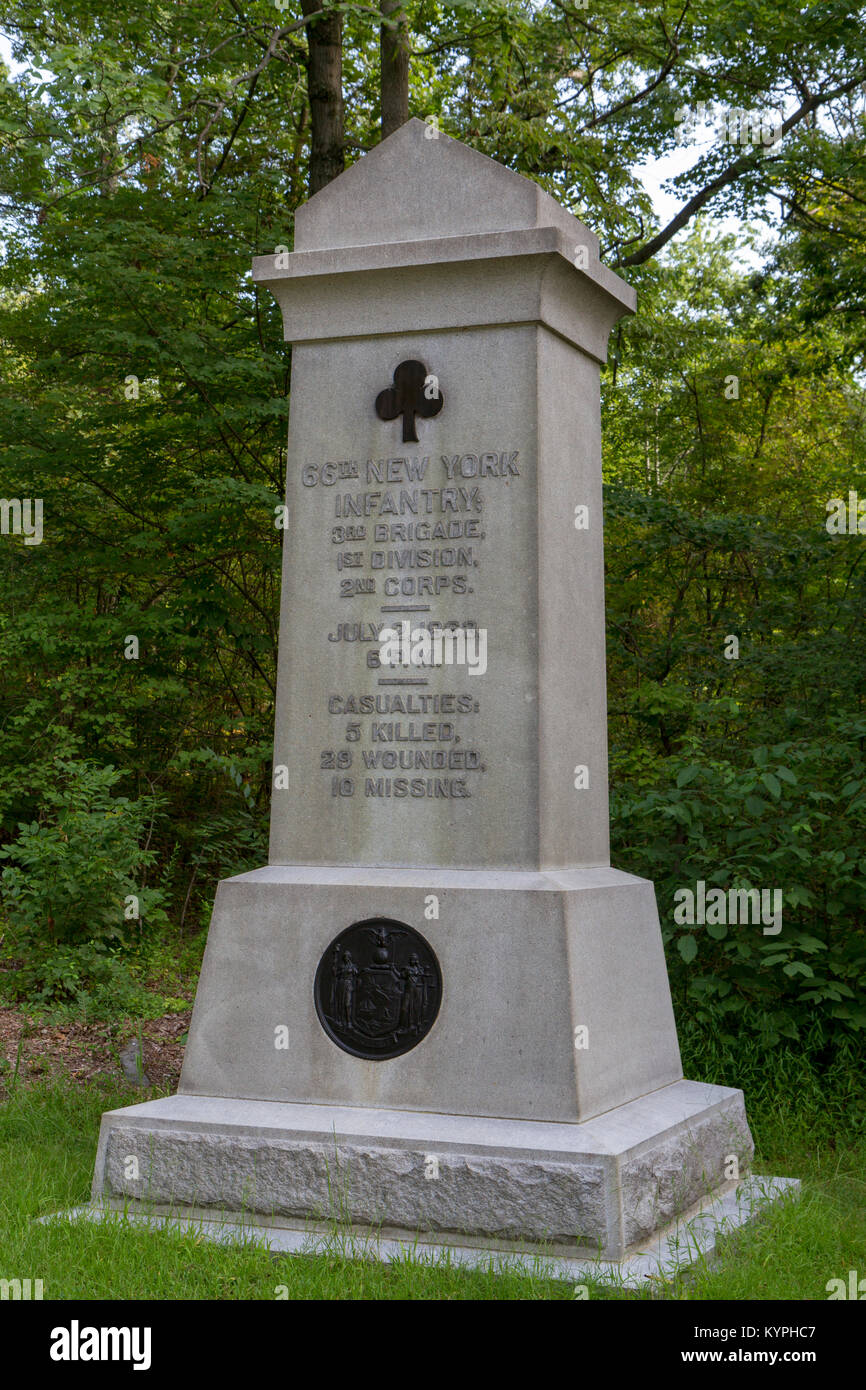 The 66th New York Infantry Regiment Monument, Gettysburg National Military Park, Pennsylvania, United States. Stock Photo