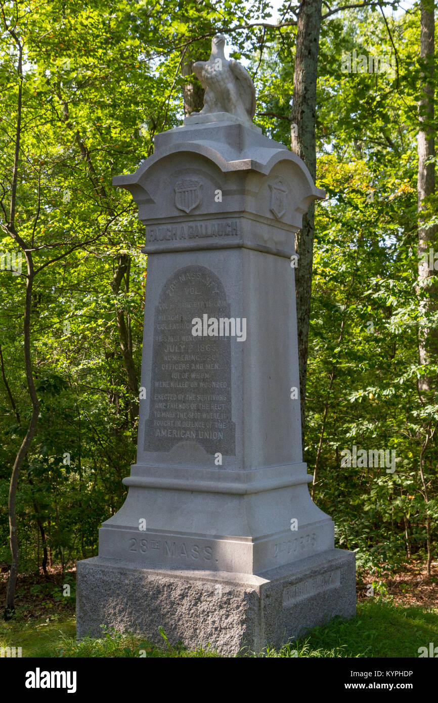 The 28th Massachusetts Volunteer Infantry Regiment Monument, Gettysburg National Military Park, Pennsylvania, United States. Stock Photo