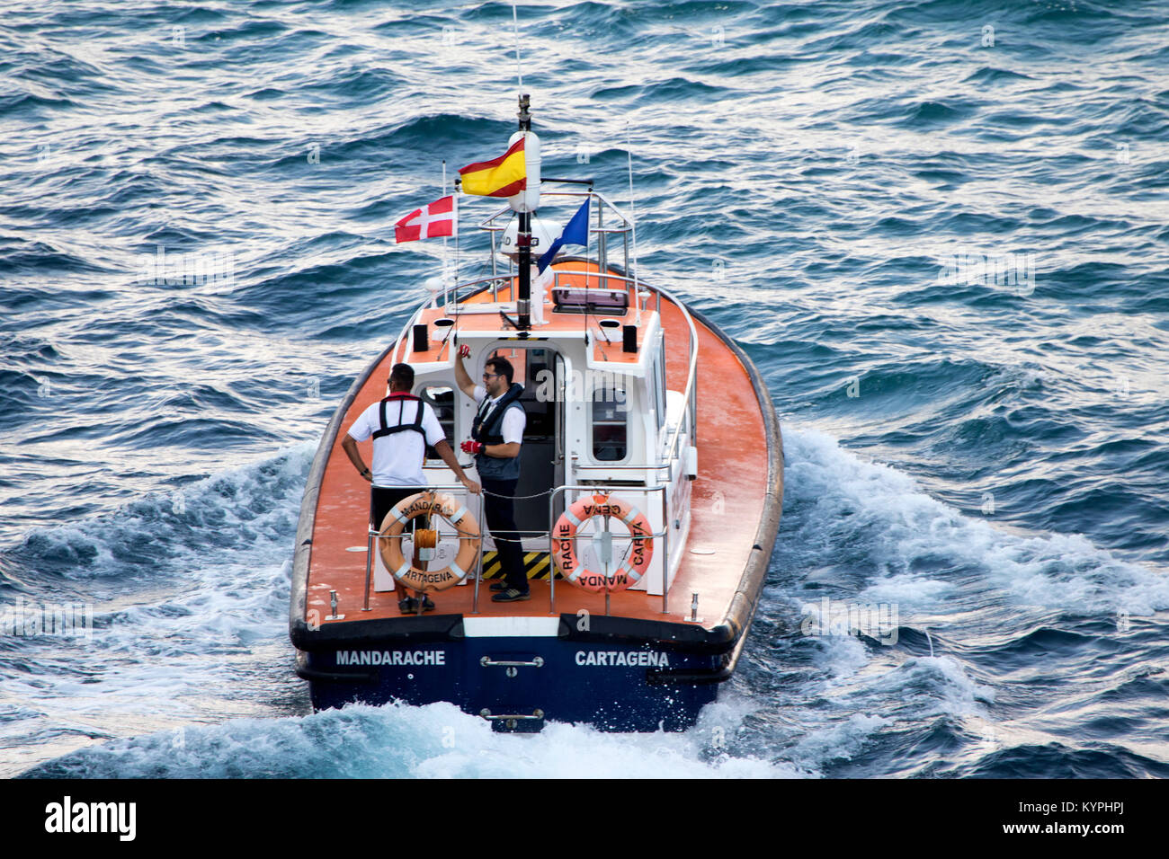 Pilot boat in Cartagena Harbour Murcia region of southern Spain in the Mediterranean sea in Spain Stock Photo