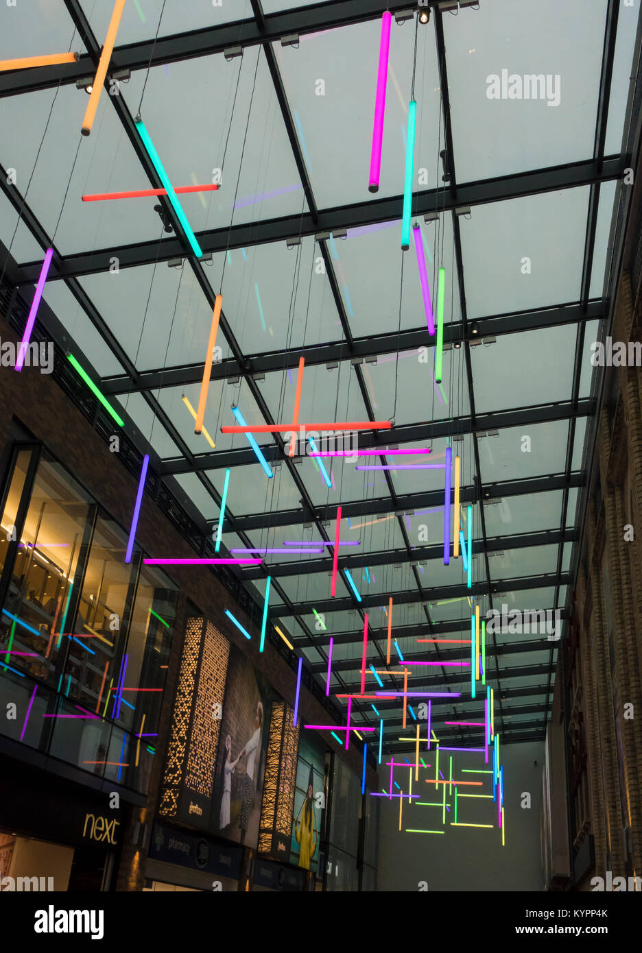 coloured light art display Inside the new west entrance entrance to The Grafton centre Stock Photo