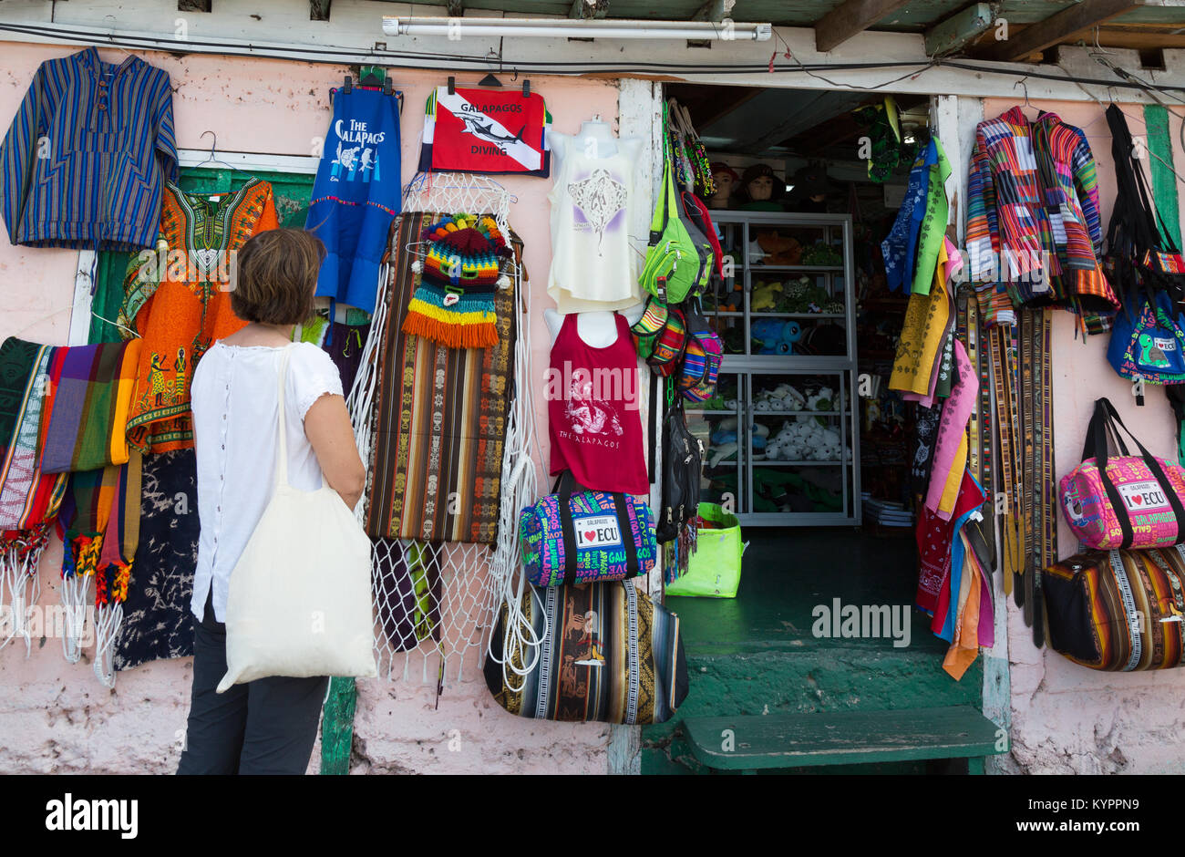 Galapagos shopping a woman at a clothes shop, San Cristobal town, San