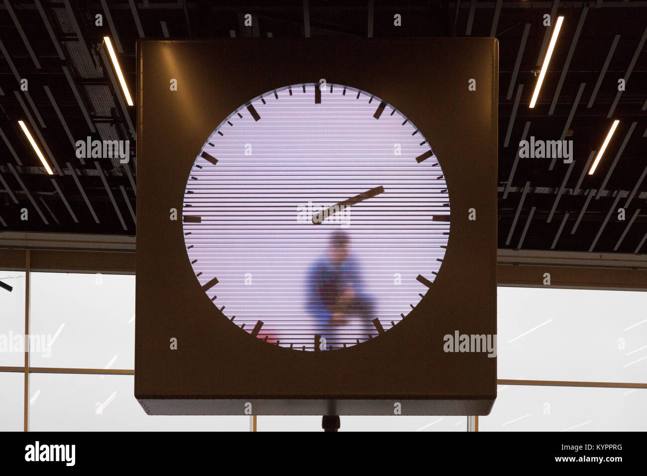 The Schiphol airport Real Time Schiphol Clock, by Maarten Baas, an art clock in the terminal, Amsterdam airport Schiphol, Netherlands, Europe Stock Photo