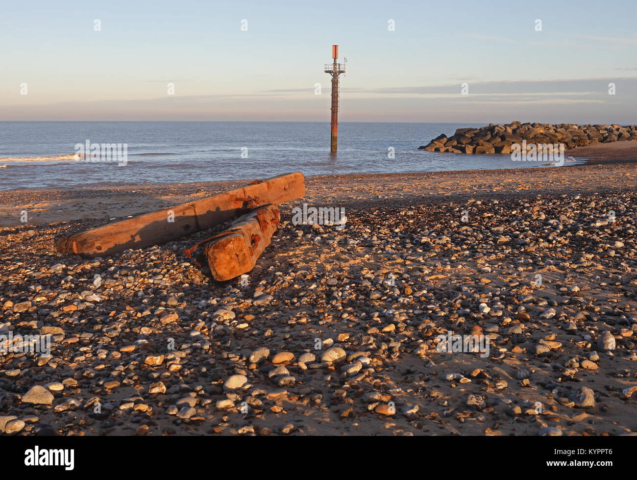 old sea defences washed up on shore by coastal reef  Eccles-on-Sea, Norfolk, UK        December Stock Photo