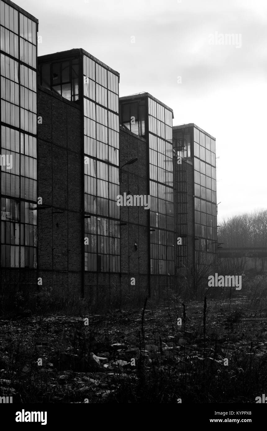 Ruined ironworks in Siemianowice, black and white, B&W Stock Photo