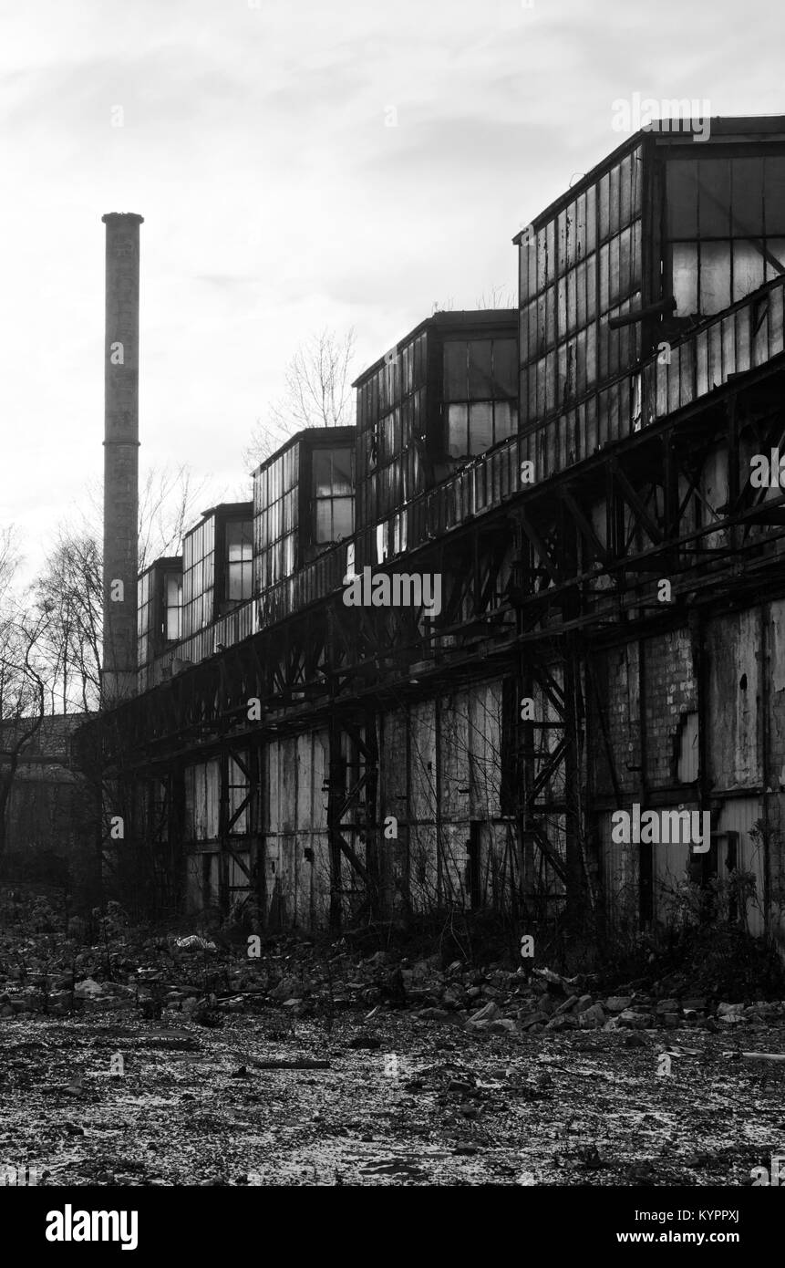 Ruined ironworks in Siemianowice, black and white, B&W Stock Photo