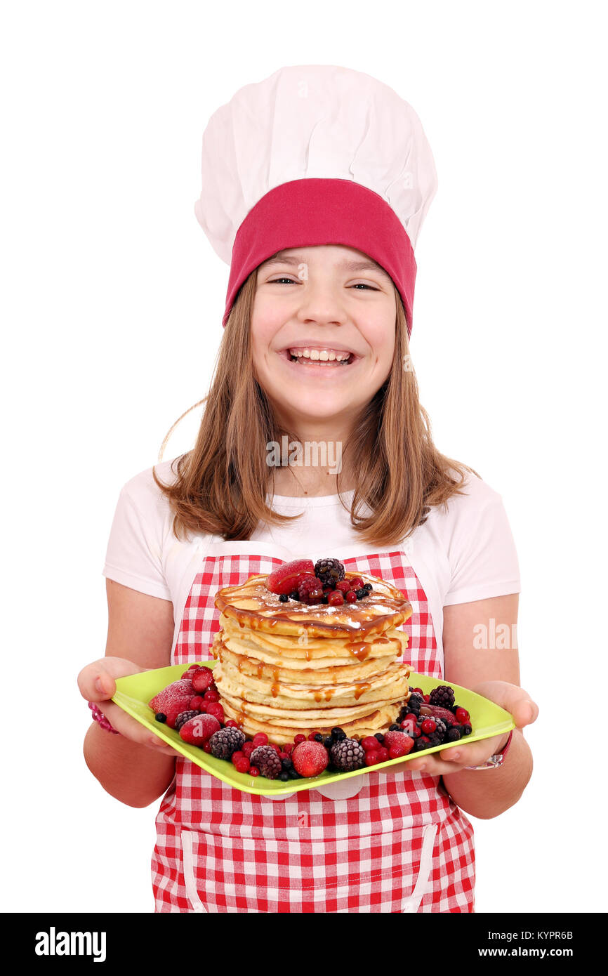 happy little girl cook with American pancakes Stock Photo Alamy