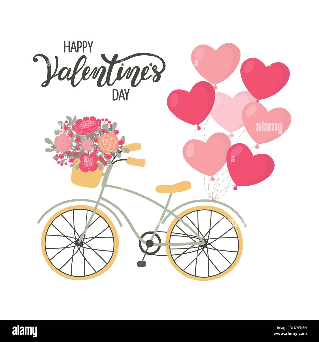 Valentines Day background bicycle with heart shaped balloons and