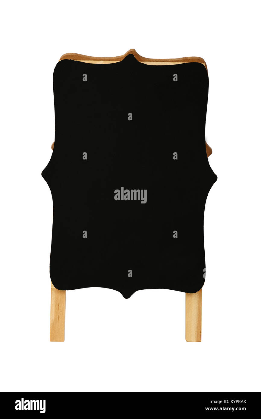 Close up one small shaped empty blank clean black chalkboard sign stand