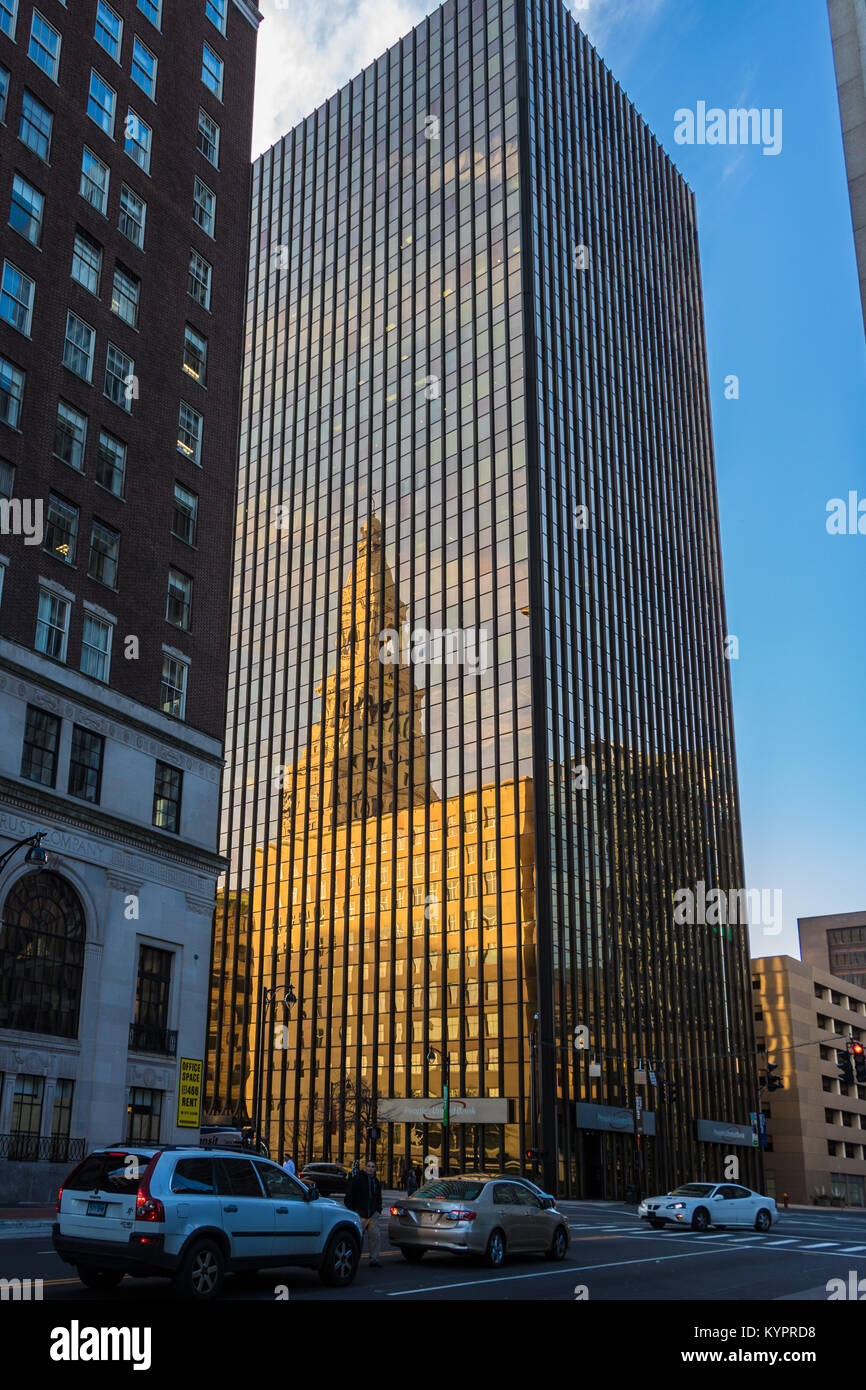 Reflection of the Old Travelers Insurance Building in the New Travelers Insurance Building Stock Photo